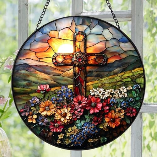 Zizzie Stained Glass Cross Suncatcher - 7.9" Real Glass Floral Mountain Sunrise Window Hanging, Weatherproof Christian Catholic Decor, Easter Memorial Sympathy Gift for Mom Women Pastor - Thumbnail 2