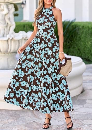 PRETTYGARDEN Womens Summer Floral Maxi Halter Dresses 2026 Vacation Outfits Sleeveless Boho Sundress Long Wedding Guest Dress(Floral Brown Blue,Large) - Thumbnail 5