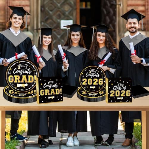 Graduation Decorations 2026 Class of 2026 Congrats Grad Disposable Paper Plates Luncheon Napkins Cocktail Napkins Black Gold Graduation Party Supplies Serve 50 - Thumbnail 4