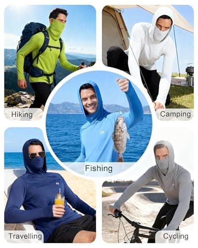 isnowood Men's UPF 50+ Fishing Sun Hoodie, UV Protection Long Sleeve Hooded Shirt with Mask for Hiking outdoor White - Thumbnail 6