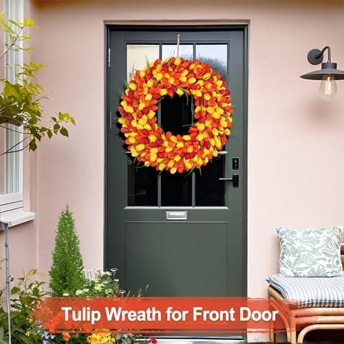 Tulip Wreath Spring Wreaths for Front Door Zmtyykh Artificial Floral Door Wreath for Valentine’s Day Easter Summer Decor for Outdoor Indoor Window Wall Front Porch Farmhouse Home 22" Red Orange Yellow - Thumbnail 5