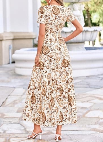 BTFBM Womens Summer Dresses 2026 V Neck Hollow Out Eyelet A Line Flowy Boho Beach Vacation Wedding Guest Maxi Dress(Floral White Khaki, Medium) - Thumbnail 3