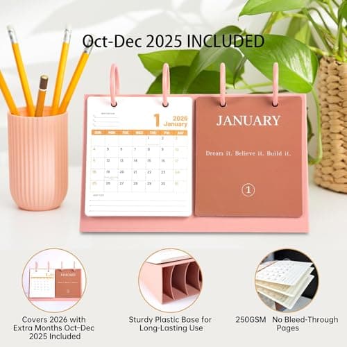 Bibiage Small Desk Calendar 2025-2026, Dec 2025 to Dec 2026, Monthly Decorative Flip Calendar for Desk with Motivational Quotes, Cute Desk Decor, Office Supplies, 10" x 6", Pink - Thumbnail 2