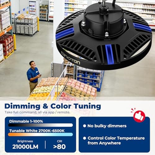 CINOTON Smart UFO LED High Bay Light 150W 21000lm, 2700K-6500K 1-100% Brightness Stepless Dimm Aluminum Shop Lights, ETL Listed Lighting for Garage Factory, APP/Alexa/Remote Control, 120-277V, 1 Pack - Thumbnail 2