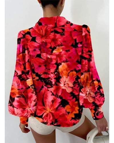 BTFBM Summer Blouses for Women Dressy Casual 2026 Long Sleeve Button Down Shirt V Neck Boho Spring Tops Fashion Clothing(Floral Red, XX-Large) - Thumbnail 3