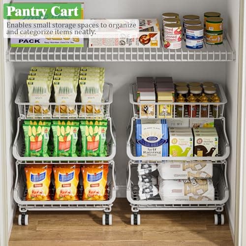 MJIMKE 3-Tier Rolling Cart with Wheels - Stackable Wire Baskets for Pantry Organization and Kitchen Storage, Floor & Countertop Fruit Organizers Vegetable Rack for Coffee Snack Onion Potato, Metal - Thumbnail 4