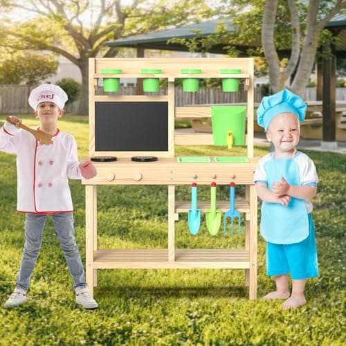 Cedar Wood Outdoor Play Kitchen for Kids, Mud Kitchen with Water Faucet, Dual-Sided Chalkboard, Storage Shelves, Cups, Removable Sink, and Pretend Stove – Backyard Toddler Playset for Boys and Girls - Thumbnail 2