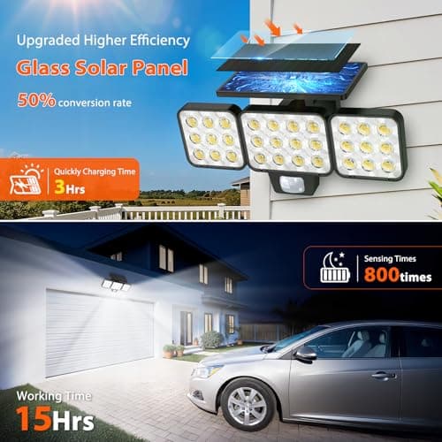 WdtPro Solar Lights Outdoor Flood Light, 3500LM Bright Motion Sensor Outdoor Lights, 3 Heads & Upgrade Glass Panel, LED Solar Powered Security Light Spotlights Waterproof for Outside Yard-2Pack - Thumbnail 3