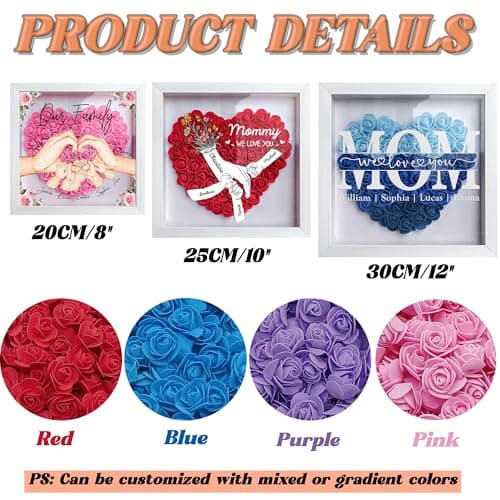 ROSLILY Custom Mom Flower Shadow Box with Kid's Name We Love You Mom Flower Box Picture Frame for Mom Grandma Family Anniversary Birthday (Brown Hand by Hand, 8*8in/20*20cm) - Thumbnail 2