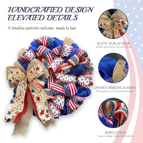 Presentastic 250th Anniversary Patriotic Wreath for Front Door, 24 Inch Large 4th of July Decorations, Handcrafted Ribbon Burlap Bow, Red White and Blue Memorial Day Wreath with Lights & Storage Bag - Thumbnail 3