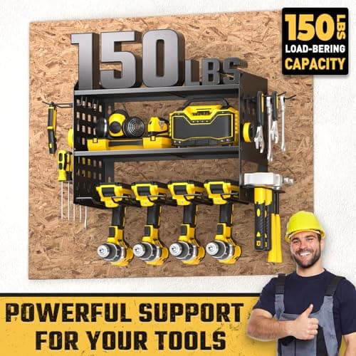 SPACECARE Power Tool Organizer, Drill Holder Wall Mount with 2 Side Pegboards with Hooks, 3 Layer Garage Organization Heavy Duty Tool Organizers Utility Rack for 4 Drill Holders Black - Thumbnail 2