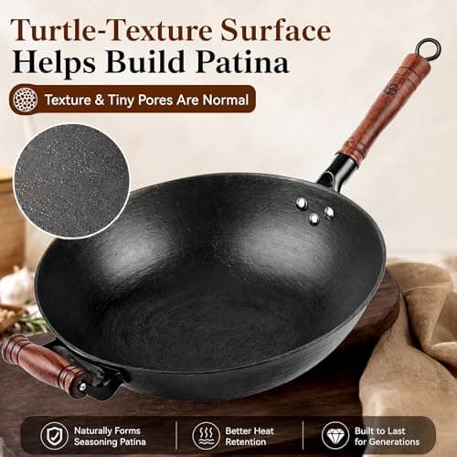 WANGYUANJI Cast Iron Wok Pan with Lid (12.6 Inch) - Handcrafted Flat Bottom Chinese Stir Fry Skillet for Induction, Electric & Gas - Walnut Wood Handle, No Coating - Thumbnail 5