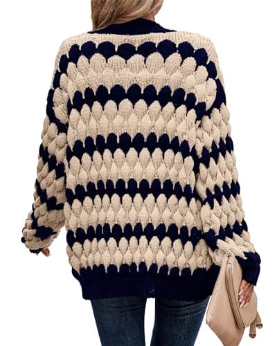 KIRUNDO Womens Fashion Fall Cardigan 2026 Open Front Chunky Cardigan Sweaters Oversized Lantern Sleeve Striped Color Block Cardigans Outwear Winter Clothes(Navy, Small) - Thumbnail 2