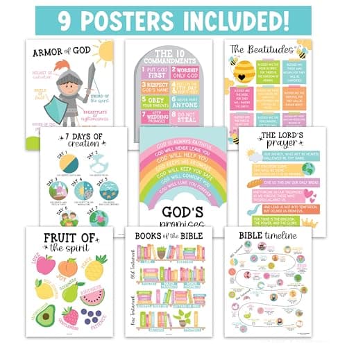 Hadley Designs Sunday School Decorations for Classroom –9 Bible Posters for Kids, Books of the Bible, 10 Commandments, Bible Timeline Chart, Fruits of the Spirit, Pastel Christian Classroom Decor - Thumbnail 3