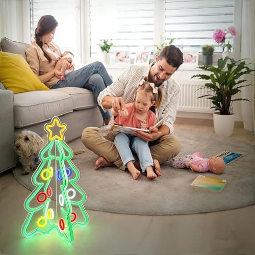 Lumavere Tabletop Christmas Tree, 15.7in Clear Acrylic Desk Decor with Star Topper & Neon Outline, Colorful Ring Lighted Sign for Apartment Room Decoration on Coffee Tables, Desks, and Nightstands - Thumbnail 6