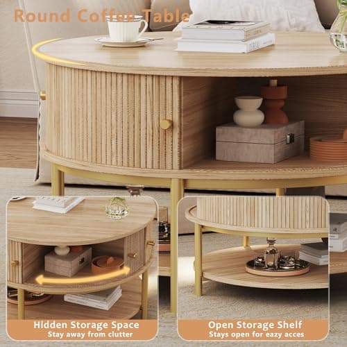 23.6" Round Coffee Table with Storage, 3-Tier Small Round Coffee Table with Sliding Cabinet Door & Round Metal Legs, Mid Century Modern Coffee Tables for Living Room, Oak - Thumbnail 5