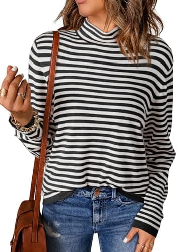 Dokotoo Womens Sweaters Spring Long Sleeve Turtleneck Sweater Casual Black Stripe Lightweight Knit Pullover Sweaters for Women Fashion 2026 Jumpers Tops Small - Image 1
