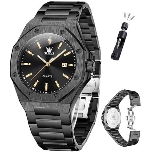 OLEVS Watch Men Luxury All Black Stainless Steel Dress Waterproof Quartz Analog Minimalist Watches for Men Large Face Luminous Date Metal Wrist Octagonal Calendar Mens Watch Relojes para Hombres - Image 1