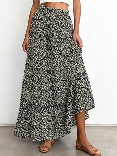 BTFBM Floral Maxi Skirts for Women Summer Spring 2026 Elastic Waist Tiered Flowy Beach Vacation Boho Midi Long Skirt(Floral Black Yellow, Small) - Thumbnail 3
