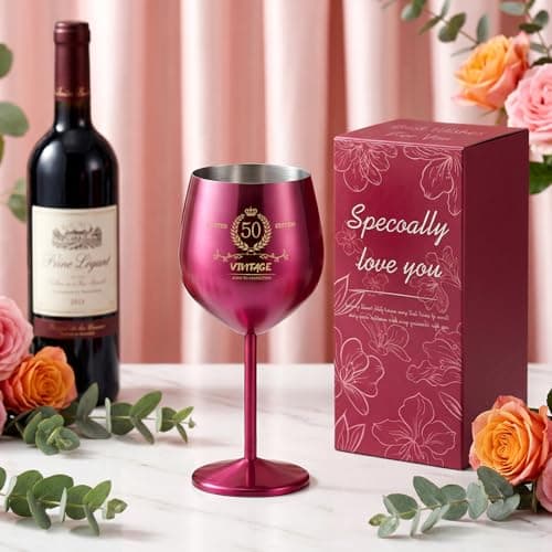 TJ 50th Birthday Gifts for Women Vintage Engraved Wine Glass 50th Birthday Stainless Steel Wine Glass Birthday Decorations For Women, 50 Year Old Birthday Gifts for Sister Friends Wife Aunt, Hot Pink - Thumbnail 5