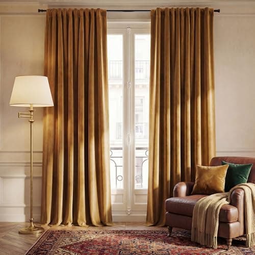 NICETOWN Gold Brown Velvet Curtains 2 Panels, Rod Pocket & Back Tab Room Darkening Luxury & Elegant Window Treatments Thermal Drapes for Living Room/Bedroom, W52 x L144