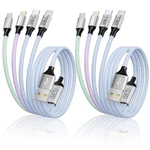 Dual Type C Ports Multi Charging Cable, 4 In 1 USB Cable Travel Charger for Multiple Devices with Two Type-C/Micro/IP Port, [2Pack/5FT] Phone Travel Vacation Essentials for All iPhone/Galaxy/Android - Image 1