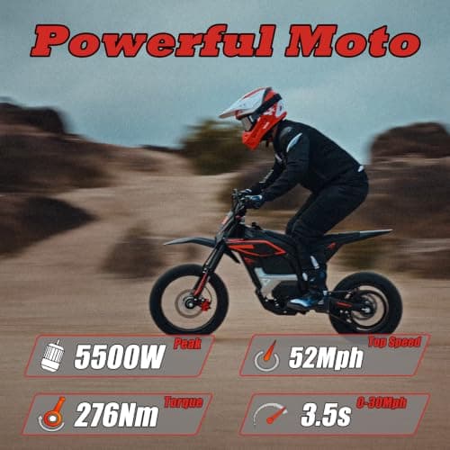 Tasaca V58 Electric Dirt Bike Up to 52 Mph, 5500W Peak Power, 276Nm Max Torque, 52V 30Ah Battery, UL Certified Off-Road Motorcycle for Teens, 14" / 12" Fat Tire, Black - Thumbnail 4