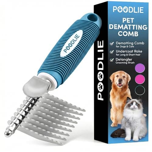 Poodle Dematting Fur Rake Comb Brush for Dogs and Cats - Long 2.5" Steel Safety Blades Metal Comb for Detangling Matted or Knotted Undercoat Hair - Image 1