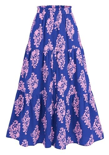 BTFBM Long Skirts for Women Summer 2026 Elastic High Waist Flowy A Line Casual Boho Tiered Floral Maxi Skirt Pockets(Dark Blue Pink Flower, XX-Large) - Image 1
