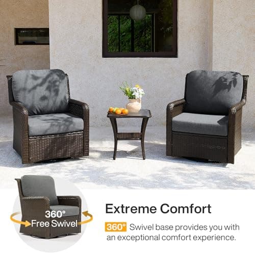 Tribesigns Outdoor Wicker Swivel Chairs Set with Tempered Glass Side Table, 3-Piece Outdoor Patio Furniture Set with 26.8'' Deep Seat, Patio Bistro Sets for Porch, Deck, Backyard, Brown/Gray - Thumbnail 3