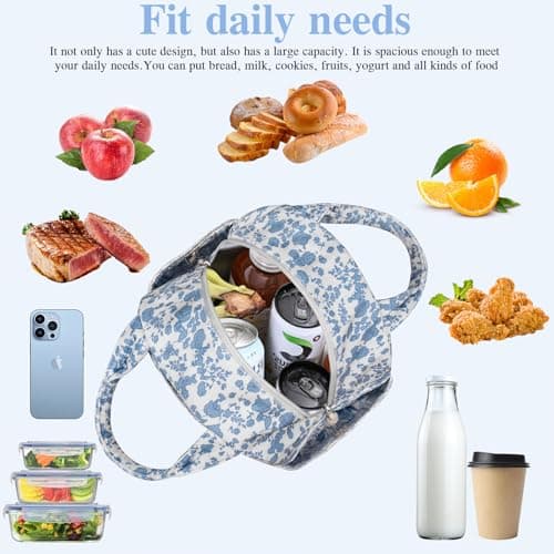 Large Lunch Bag for Women Men Cute Corduroy Lunch Tote Bags Reusable Lunch Box Adult Leakproof Portable Cooler Bag for Work Picnic or Travel Use (BlueWhite C) - Thumbnail 3