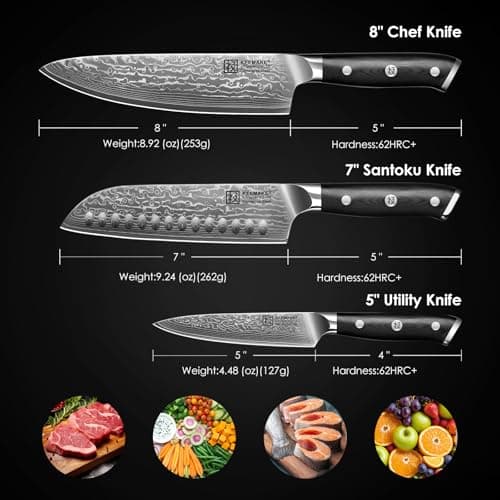 KEEMAKE Damascus Kitchen Knife Set, 3 PCS Japanese Knife Sets with Full Tang Ergonomic Handle, 67 Layers Damascus Chef Knives, Gift Box for Men Husband - Thumbnail 2