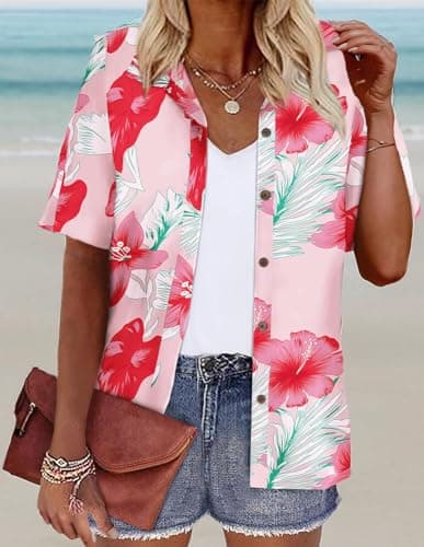 LILYCHIC Women's Hawaiian Shirts Outfits Luau Party Tropical Tops Blouses Summer Beach Vacation Plus Size Button Down Up Floral Pink, L - Thumbnail 6