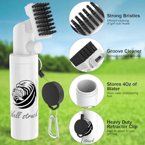 Pro Golf Club Cleaner - 4oz Water Bottle with Groove Cleaner and Retainer Clip, Durable Nylon Bristles for Easy Cleaning, Ergonomic Button Design, Golf Gifts for Men & Essential Accessories (White) - Thumbnail 2