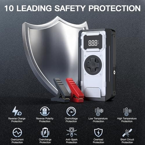 Car Battery Jump Starter with Air Compressor, 5000A Portable Jump Box for 10L Gas/8L Diesel Engines, 150PSI Auto-Shutoff Tire Inflator, 800LM LED Light & Jumper Cables, Idea Gift for Man - Thumbnail 6