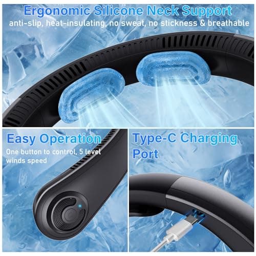 EYERZ 5000mAh Portable Neck Fan, [16H Long Lasting] Bladeless Personal Fan, 5 Speeds Wearable Fan for Neck, Ultra Quiet Rechargeable Cooling Fan for Travel, Outdoor, Hot Flashes, Golf, Office - Thumbnail 5