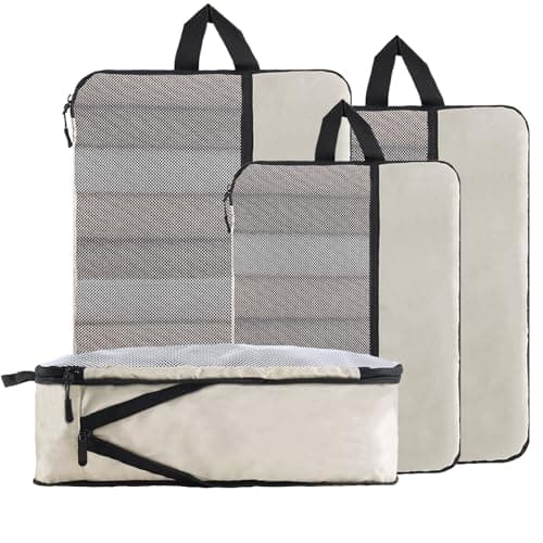U+U 4 Set Compression Packing Cubes - Ultralight Cream Travel Organizers, Space-Saving Suitcase Organizer, Expandable Packing Cubes for Travel and Family Vacation (Cream) - Image 1
