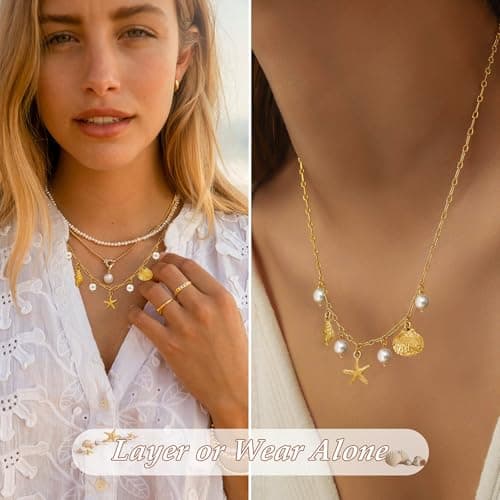 Seashell Charm Necklace for Women, Gold Summer Necklace Cute Vintage Beach Necklace 17" Paperclip Chain With Starfish Pendant Charms Necklaces as Waterproof Summer Jewelry Beach Stuff for Vacation - Thumbnail 3