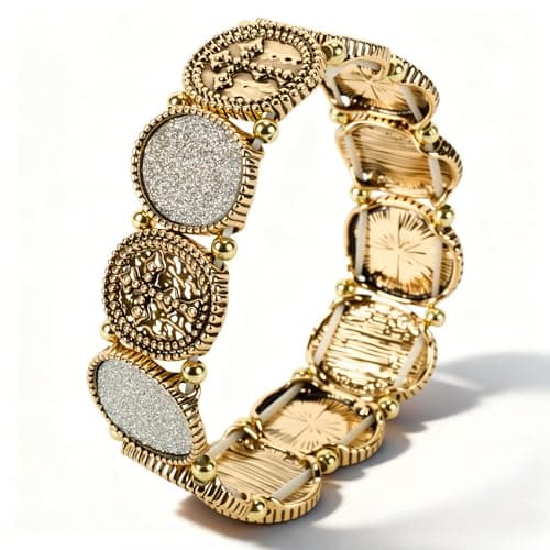 BHDJSHX Vintage Distressed Geometric Bracelet For Men Women, Metal Mplicing Modern Retro Statement Jewelry with Oval Textured Elements, Boho Chic Daily & Party Wear Accessories (Gold) - Thumbnail 2