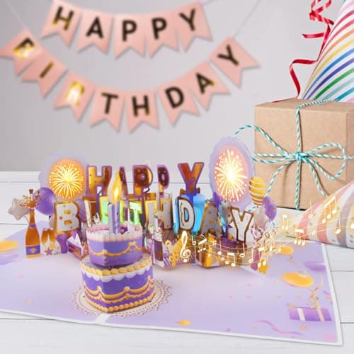 XTF2015 Firework Birthday Cards，Music & LED Lights 3D Pop Up Greeting Card with Blowable Birthday Cake, Comes with Digital DIY, Sticky Note and Envelope, for Lover, Family and Friend - Thumbnail 5