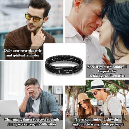Alissl Men's Leather Bracelet with Cross Bible Verse, Double Layer Black Genuine Leather Bracelet for Men, Christian Religious Baptism Easter Gift for Men Dad Husband Boyfriend Grandson Son - Thumbnail 4