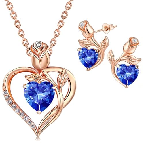 JACUPO Rose Heart Necklace Earrings Set September Birthstone Lab-Grown Sapphire S925 Silver 18K Rose Gold Plated Engraved I LOVE YOU Gift For Mom Girlfriend Wife Mothers Day Engagement Confession Gift - Image 1