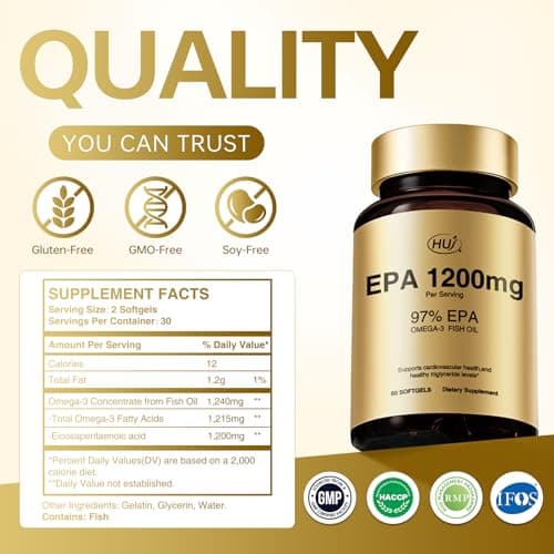 HUJ 97% EPA Omega-3 Fish Oil - 1200mg EPA Fish Oil, Wild-Caught, Sustainably Sourced - Suppprts Cardiovascular Health & Healthy Triglyceride lewels* - 60 Softgels - Thumbnail 5