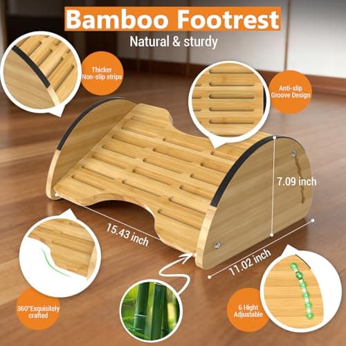 Bamboo Foot Rest for Under Desk at Work - Reversible Rocking Desk Footrest 2-in-1 with 6 Adjustable Heights, Ergonomic Foot Rest Under Desk with Anti-Slip Surface for Home, Office and Gaming - Thumbnail 3