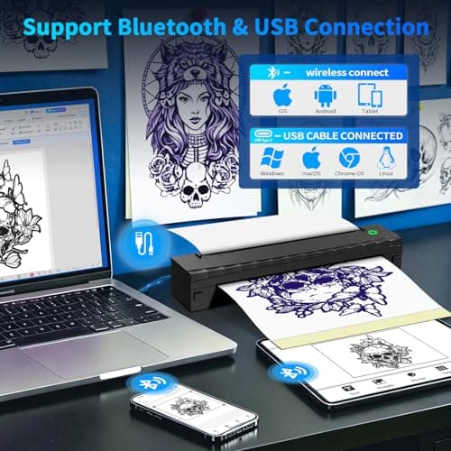 NDYIN Tattoo Stencil Printer, Bluetooth Thermal Tattoo Printer Machine, D80 Portable Stencil Printers for Tattooing with 10pcs Transfer Paper, Compatible with iOS, Android and PC(Black) - Thumbnail 3
