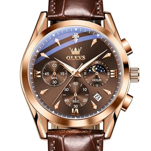 OLEVS Leather Watches for Men Casual Brown Mens Watch Analog Quartz Waterproof Watch for Men Big Face Chronograph Vintage Diamond Moon Phase Men's Wrist Watches Relojes para Hombres - Image 1