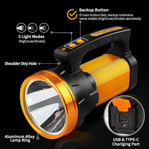 KINQILIN 1800LM Rechargeable Spotlight 13600mAh Spotlight Flashlight 80H Long Lasting IP67 Waterproof 3 Modes Spot Light for Outdoor Camping Home Emergency - Thumbnail 6