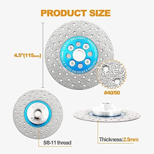 Diamond Granite Cutting Wheel,BRSCHNITT 4-1/2 Inch 115mm Vacuum Brazed Angle Grinder Diamond Blade with 5/8-11 Thread for Grinding Beveling Shaping Rounding Granite,Porcelain,Tile,Stone,Marble,Quartz - Thumbnail 2
