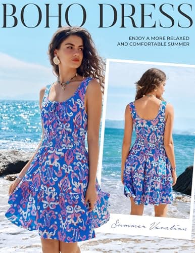Women Summer Short Dresses 2026, Blue Sleeveless Casual Floral Mini Empire Waist Dress, Boho Flowy Tiered Ruffle Beach Dress - Thumbnail 4