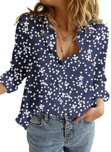 Dokotoo Womens Juniors Summer Tops 2025 Fashion Trendy Casual Dressy Fall Long Sleeve Button Down Blouses T Shirts Alicia Flower Print V Neck Business Work Tunic Bohemian Floral Top Medium Blue